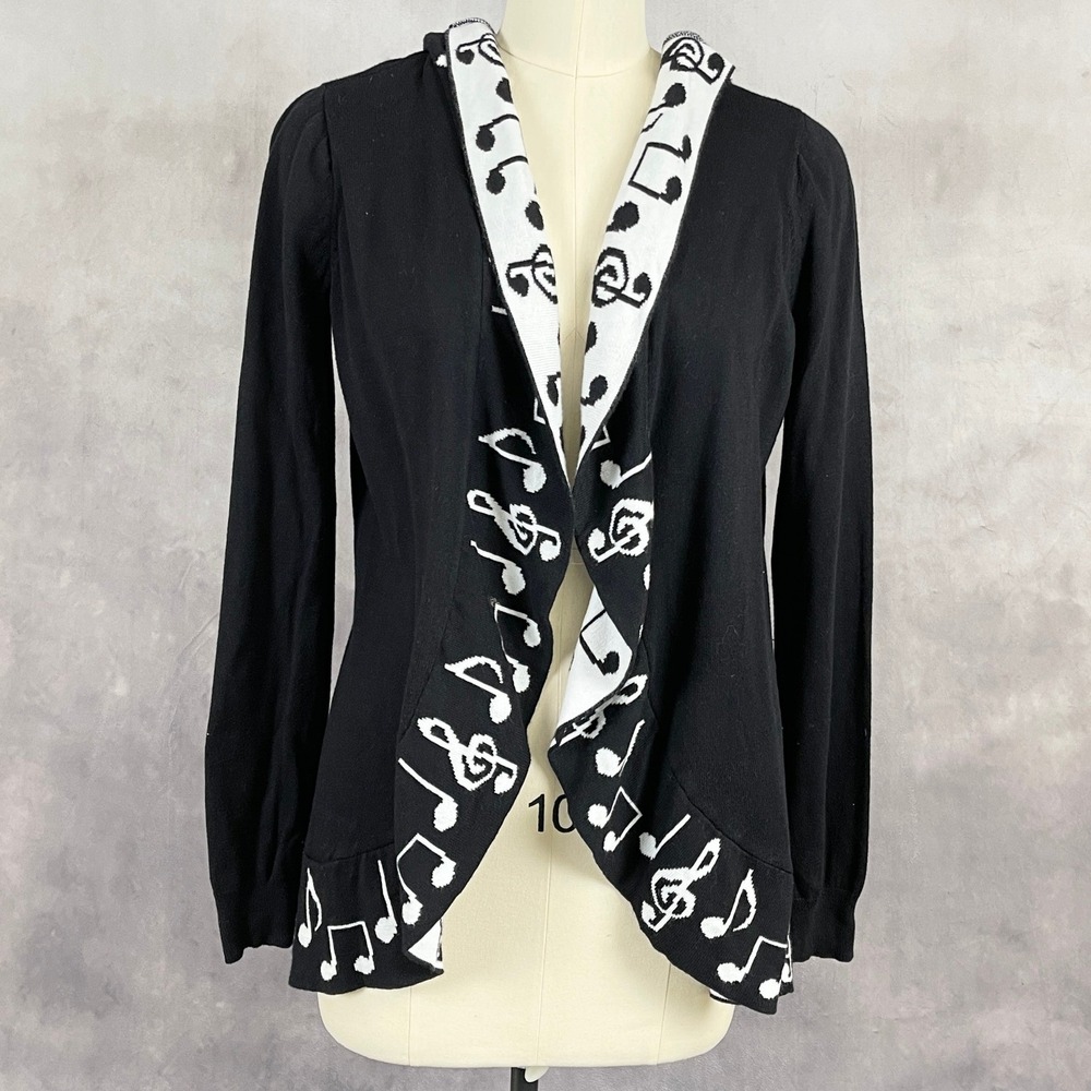 Hot Topic Music Note Hooded Cardigan Women Medium Black White Ruffle Goth Indie
